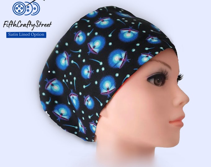 Glow in the Dark - Firefly - Euro Scrub Cap for Women - Adjustable - Satin Lined Scrub Cap - FifthCraftyStreet