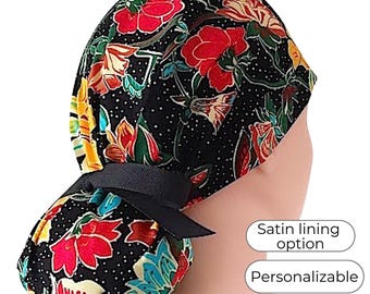 Floral Ponytail Scrub Cap for Women - Surgical Cap with Satin Lining Option -