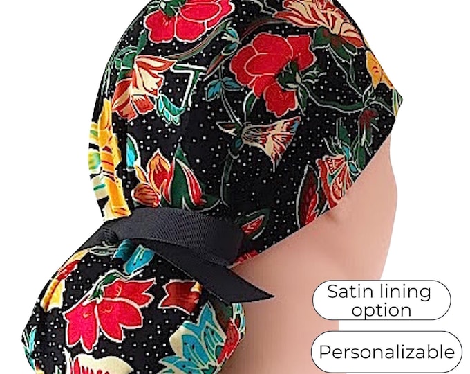 Floral Ponytail Scrub Cap for Women - Surgical Cap with Satin Lining Option -