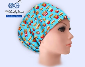 Burger, French Frie - Euro Scrub Cap for Women - Adjustable - Satin Lining option