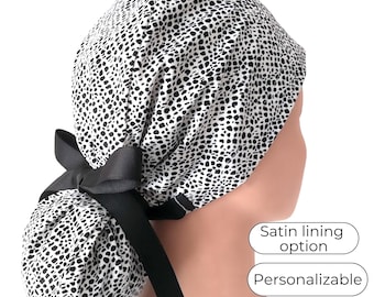 animal print black Ponytail Scrub Cap for Women - Surgical Cap Satin Lined Option - FifthCraftyStreet