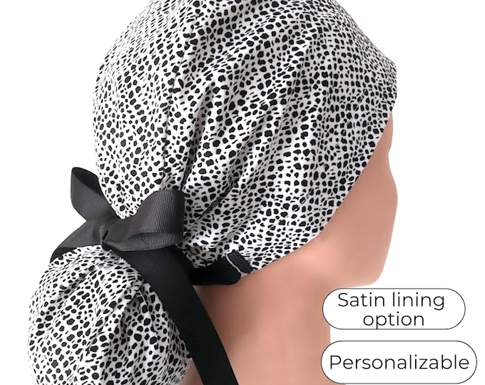 animal print black Ponytail Scrub Cap for Women - Surgical Cap Satin Lined Option - FifthCraftyStreet