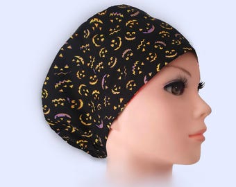 Euro Scrub Cap - Adjustable - Satin Buttons Lined option - Jack O Lantern