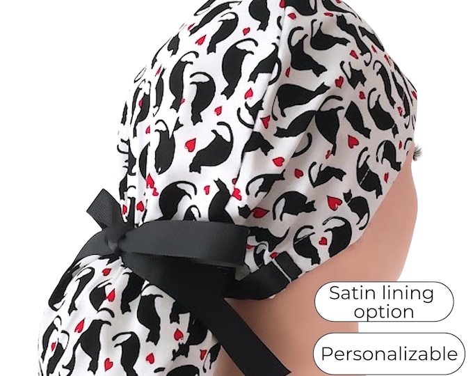 Black Cat with Red Hearts Ponytail Scrub Cap Satin Lined Surgical Hat for Women