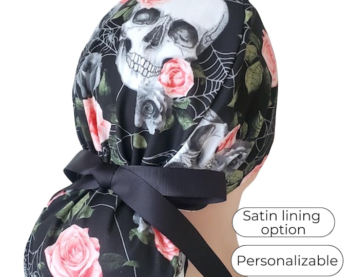Halloween Ponytail Scrub Cap for Women - Surgical Cap with Silky Satin Lining Option - FifthCraftyStreet