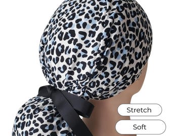 Stretch Ponytail Scrub Cap: blue grey leopard print adjustable medical cap