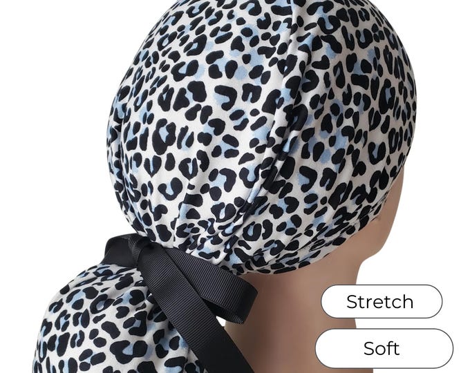 Stretch Ponytail Scrub Cap: blue grey leopard print adjustable medical cap