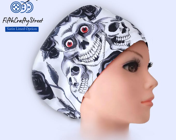 Euro Scrub Caps - Adjustable - Satin Lining option - Skull with red eyes - FifthCraftyStreet