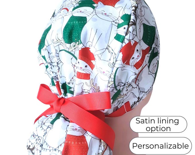 Christmas Cat Ponytail Scrub Cap Satin Lined Surgical Hat for Women
