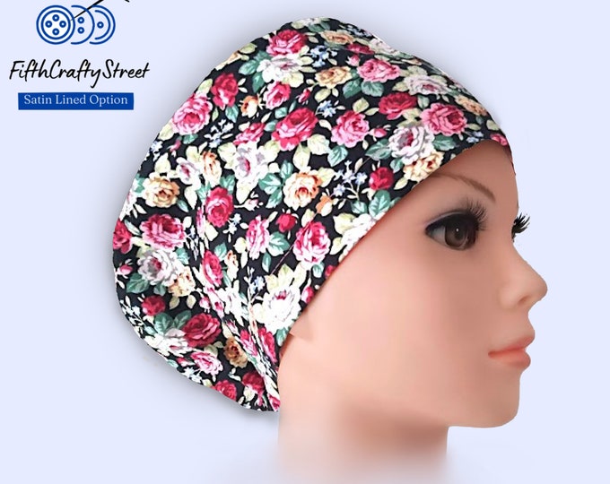 Euro Scrub Cap - Adjustable - Satin Lined Scrub Cap option -Rosses on black - FifthCraftyStreet