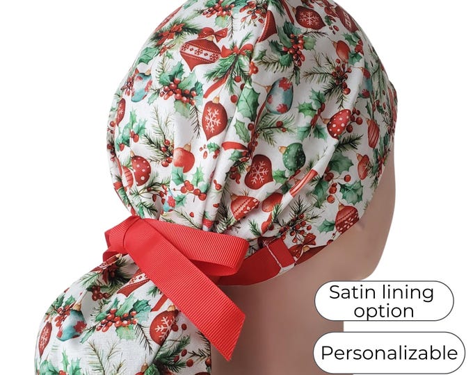 Christmas Ponytail Scrub Cap Satin Lined Holiday Nurse Ha