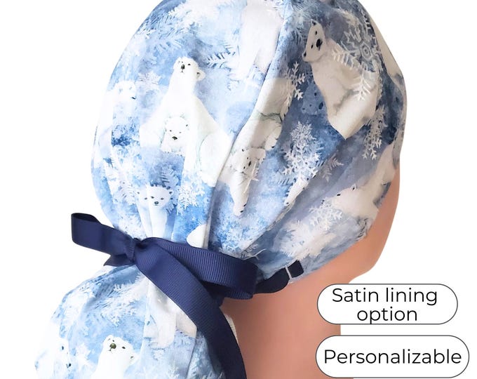 Winter Polar Bear Ponytail Scrub Cap Satin Lined Surgical Hat for Women