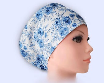Euro Scrub Cap Satin Lined Personalized Scrub Hat for Women : Blue Rose Print