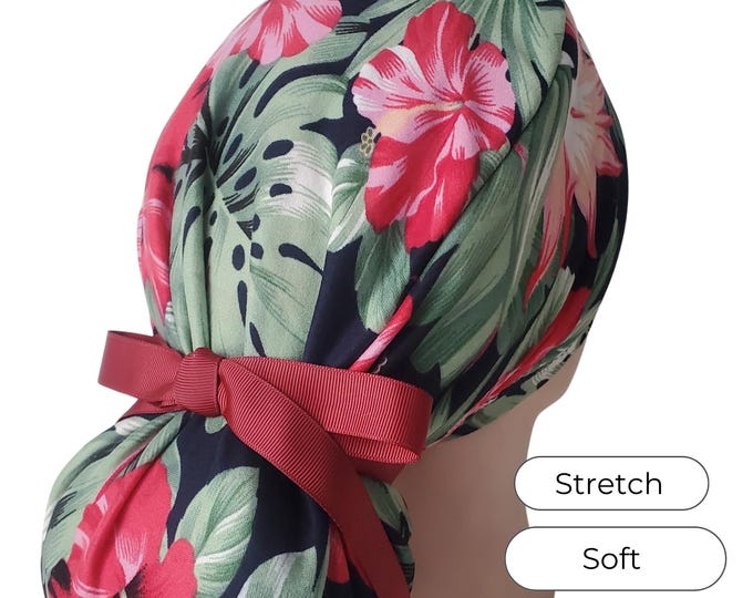 Stretch Ponytail Scrub Cap: tropical hibiscus print adjustable medical cap