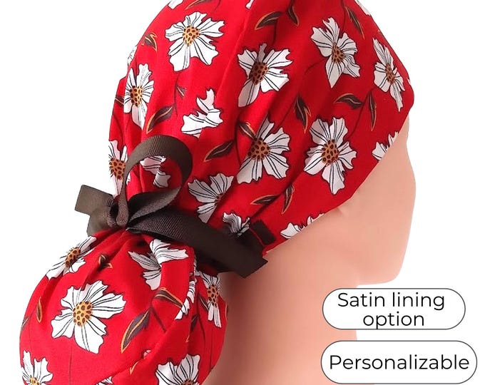 Flower Surgical Scrub Cap Buttons and Satin Lined Option - FifthCraftyStreet