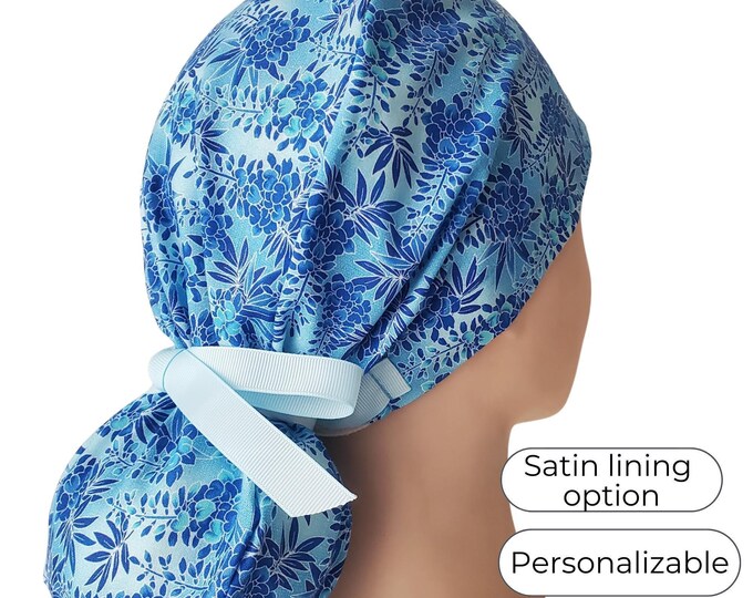 Scrub Cap Ponytail Style | Satin Lining & Personalization Option | Blue Florals