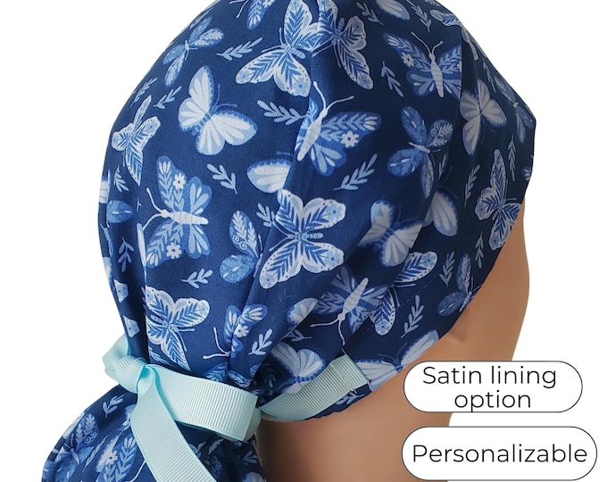 Butterfly Floral Ponytail Scrub Cap: Handmade Cotton with Satin Lining Option