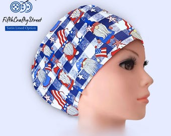 Patriotic Gnomes Euro Scrub Cap: 4th of July Surgical Cap with Satin Lining Option