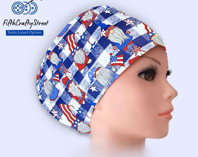 Patriotic Gnomes Euro Scrub Cap: 4th of July Surgical Cap with Satin Lining Option