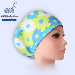 Euro Scrub Cap - Floral print Lightweight  Cotton - Satin Lined Scrub Cap -