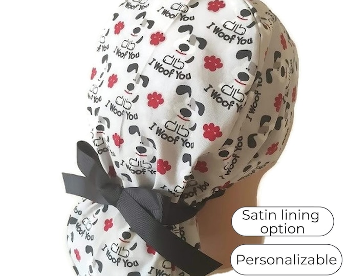Ponytail Scrub Cap: Dog Paw Print Cotton (Satin Lining Available)