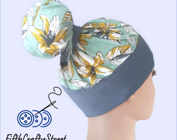 High Bun Scrub Cap, Stretchy Knit Jersey Hats, GREEN DENIM FLORAL - FifthCraftyStreet