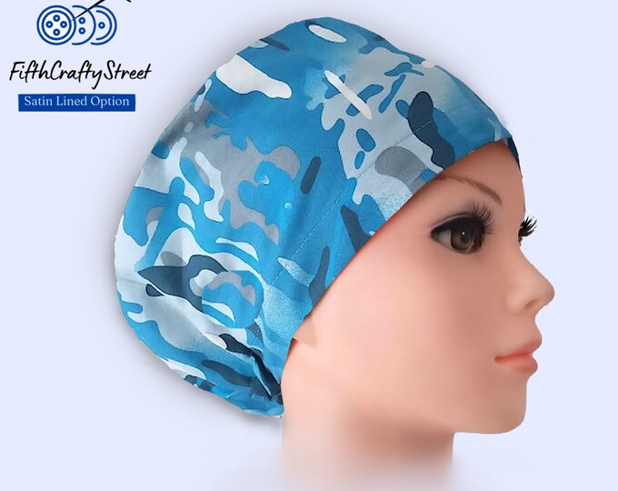 Euro Style Scrub Cap - Adjustable - Satin Lining option - Camouflage blue - FifthCraftyStreet