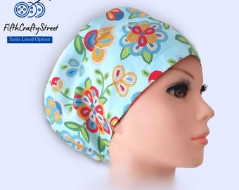 Euro Scrub Caps - Adjustable - Satin Lining option -Bali floral - FifthCraftyStreet