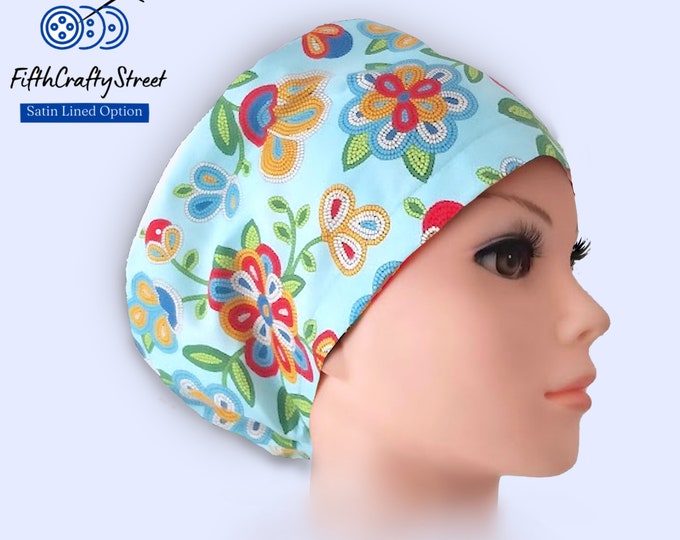 Euro Scrub Caps - Adjustable - Satin Lining option -Bali floral - FifthCraftyStreet