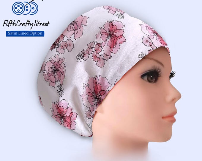 Euro Scrub Cap - Adjustable by toggle - Satin Lining option - Watercolor Flowers -
