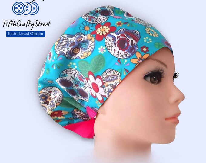 Euro Scrub Caps - Adjustable - Satin Lining option - Day of the Dead - FifthCraftyStreet