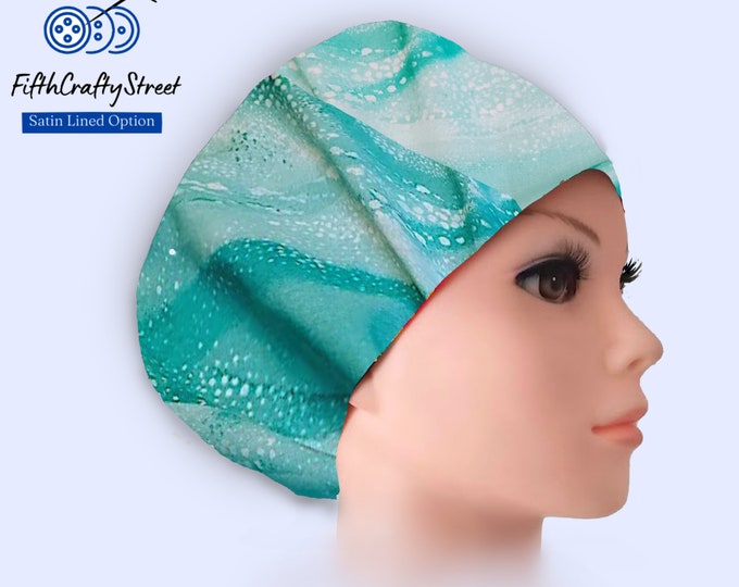 Euro Scrub Cap for Women -Turquoise Waves - Adjustable - Satin Lined Scrub Cap - FifthCraftyStreet