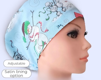 Christmas Snowman Euro Scrub Cap: Scrub Hats for Women with Satin Lining and Personalization Option