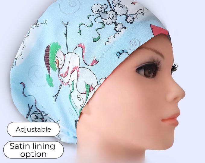Christmas Snowman Scrub Cap: Satin-Lined Euro Style, Personalization Option