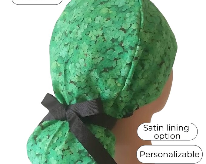 St Patrick's Day Ponytail Scrub Cap for Women - Surgical Cap Satin Lined Option - FifthCraftyStreet