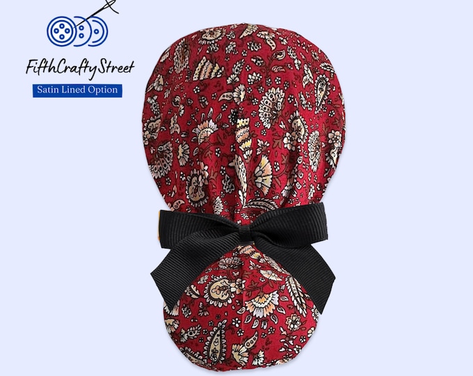 Paisley  Ponytail Scrub Cap for Women - Floral Surgical Cap with Satin Lining Option - FifthCraftyStreet