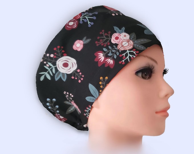 Euro Scrub Cap Satin Lined Personalized Scrub Hat for Women : Dark Floral Print