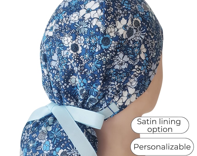 Navy Blue Floral Ponytail Scrub Cap Satin Lined Surgical Hat for Women