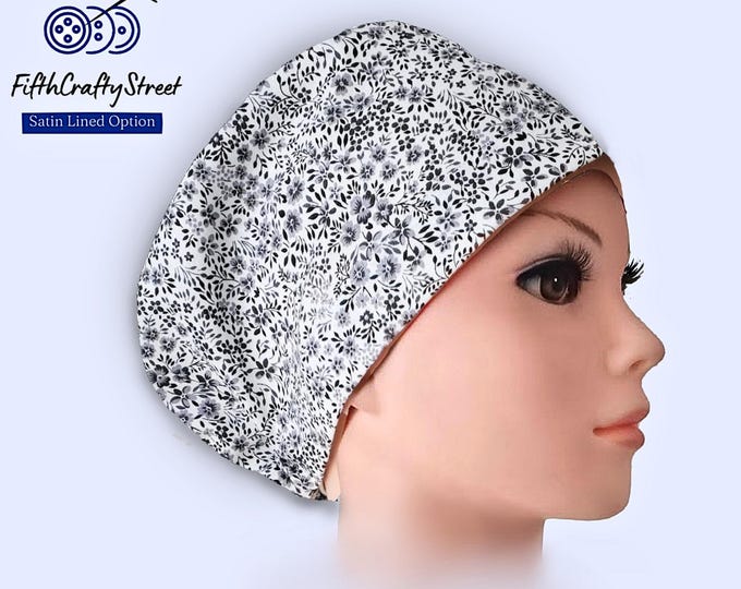 Euro Scrub Cap for Women - Floral black- Adjustable - Satin Lined option