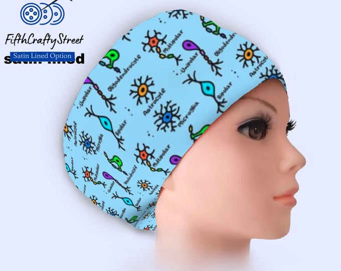 Simple Types of Neurons Labeled  - Euro Scrub Cap Satin lined - Adjustable - FifthCraftyStreet