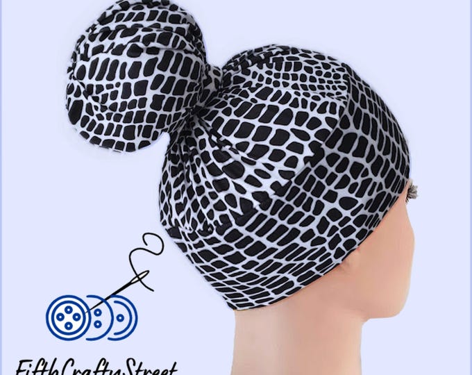 High Bun Scrub Cap, Stretchy Black Animal print Knit Hats, ready to ship US - FifthCraftyStreet