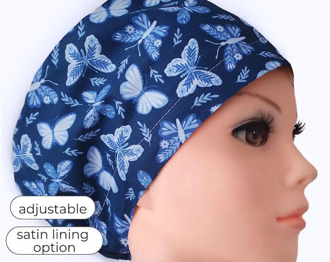 Euro Scrub Cap: Navy Butterfly Print - Adjustable with Satin Lining option
