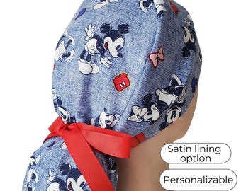 Cartoon Print Ponytail Scrub Cap: Satin Lined, Personalized