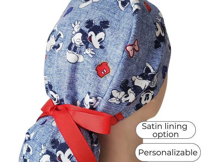 Cartoon Print Ponytail Scrub Cap: Satin Lined, Personalized