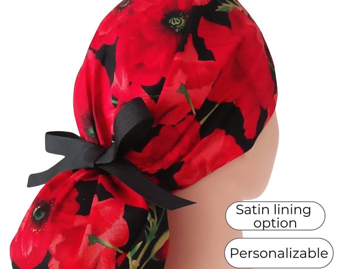 Ponytail Scrub Cap: Satin Lining, Buttons and personalization Option
