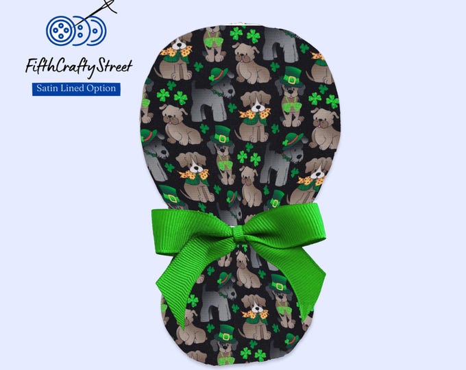 Tossed Dog - St Patrick's Day -  Ponytail Scrub Cap for Women with Satin Lined option