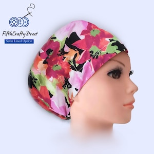 Euro Scrub Cap - Floral print Lightweight  Cotton - Adjustable - Satin Lined Scrub Cap -