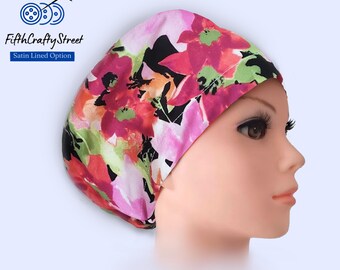 Satin lined Euro Scrub Cap: Floral Print Adjustable