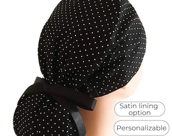 Polkadot print black Ponytail Scrub Cap for Women - Surgical Cap Satin Lined Option -