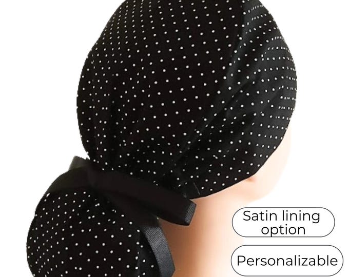 Polkadot print black Ponytail Scrub Cap for Women - Surgical Cap Satin Lined Option - FifthCraftyStreet